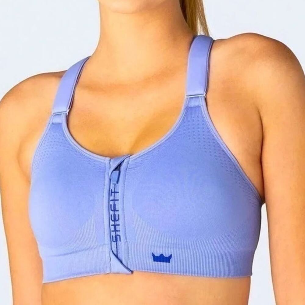 SHEFIT Low Impact Seamless Front Zip Sports Bra Heathered Indigo Size M